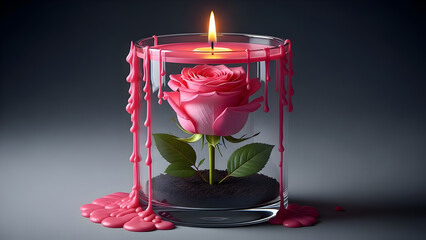 Pink Rose Candle in Heart-Shaped Glass on Dark Background