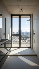 Fototapeta premium Modern bathroom with glass-enclosed shower and cityscape view