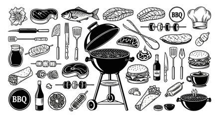 Black and white illustration of barbecue grill with various grilling tools and food items around it