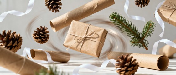 Flying Christmas gifts and decorations on grey background. Sustainable zero waste holiday concept with kraft paper presents and pine cones. Panoramic banner