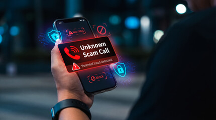 Unknown scam call warning on smartphone with fraud detection alert