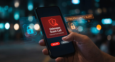 Unknown scam call alert with mobile cybersecurity and fraud warning, Unknown scam call warning on smartphone screen with decline button,