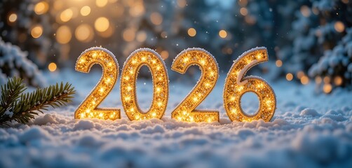 Golden 2026 numbers sparkle in fresh snow, illuminated by festive lights and a bokeh background, embodying winter holidays and new year celebrations.