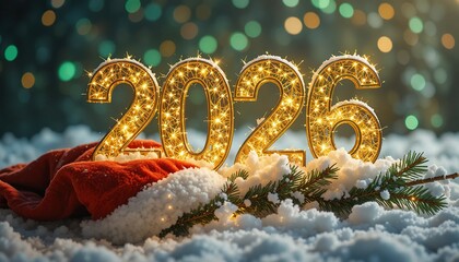 Golden glowing 2026 numbers sparkle in fresh snow, celebrating the New Year and winter holidays. A red Santa hat and fir branch add festive Christmas cheer against bokeh lights.