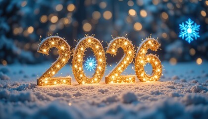 Illuminated 2026 numbers sparkle on fresh snow with festive lights and bokeh. Perfect for New Year, holiday celebrations, and future beginnings. Features a blue snowflake in a winter wonderland.