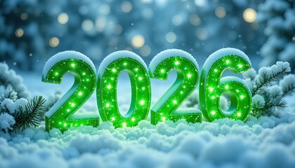 Sparkling green 2026 numbers covered in snow amidst a festive winter forest scene. Celebrate the New Year with this beautiful and magical seasonal greeting.