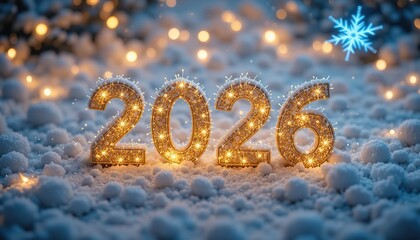 Golden sparkling 2026 numbers in snow with bokeh lights. Festive winter new year celebration background with a glowing blue snowflake. Perfect for greeting cards, invitations, and banners.