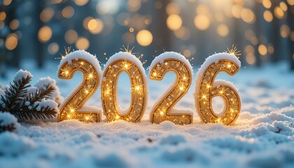 Golden "2026" numbers sparkling with light, covered in snow in a winter forest setting. Festive New Year concept with bokeh background and pine branches for seasonal celebrations.