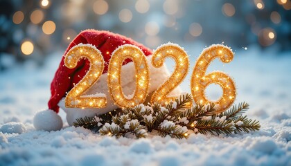 Golden illuminated 2026 numbers with a Santa hat and pine branches in snow. Festive winter holiday celebration, perfect for New Year greetings and seasonal designs.