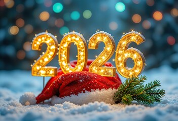 Illuminated 2026 numbers, Santa hat, and fir branch in snow with bokeh lights. Festive winter scene for New Year and Christmas celebrations.