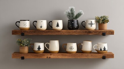 Cozy winter mugs with festive holiday designs displayed on rustic wooden shelves