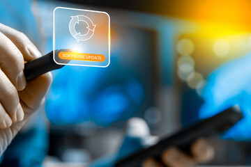 IT Specialist Installing Software Update On Device, Upgrade And Patch Security Installation For System Maintenance, Download Management And Cyber Protection.