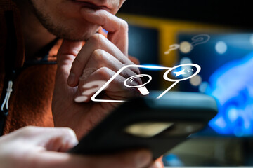 Thoughtfull Man Using AI Search On Smartphone, Smart Query For Information And Help, Troubleshooting Support Questions And Answers While Double Checking Results Online