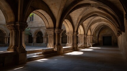 Cloister arches and sunlit stone columns in a quiet medieval courtyard interior
