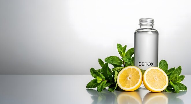 Clear glass bottle labeled 'DETOX' surrounded by fresh lemon hal