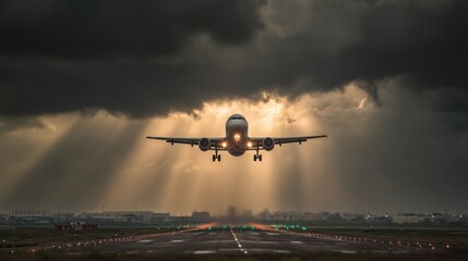 Naklejka premium Dramatic Landing of an Airplane Through Dark Clouds and Sunlight Beams During Stormy Weather on an Airfield with Runway Lights Illuminating the Scene