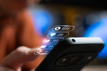 Content Creator Tracking Social Media Analytics On Smartphone, Engagement Views Likes Followers Comments Reach, Influencer Marketing Growth Insights For Content Strategy And Campaign Results