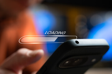 Patient User Waiting On Loading Screen On Smartphone, Progress Bar For Download Upload Buffering, App Update Installation And Network Speed Performance During Processing