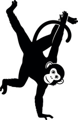 Playful Monkey Silhouette Hanging Upside Down Isolated on White Background Vector Art