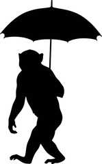 Monkey Silhouette Holding Umbrella Isolated on White Background for Creative Design