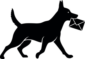 Silhouette of German Shepherd Dog Delivering Envelope Isolated on White Background Vector