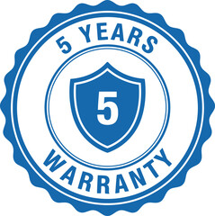 Blue Five Year Warranty Badge Icon with Shield Symbol for Product Guarantee and Quality Assurance