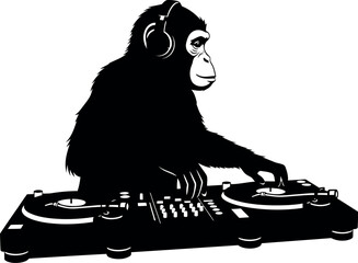 Vector Illustration of DJ Monkey Mixing Music on Turntables with Headphones &ndash; Fun Party Animal Art