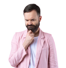 Handsome man with a beard in a pink jacket is thinking over an isolated red background.
