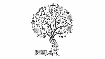 Creative abstract illustration of a tree of life made from musical notes, clefs, and symbols, representing the harmony of music.