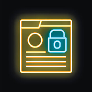 Glowing neon icon of a website with a padlock, representing the concept of online security