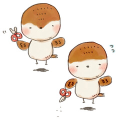 ハサミを持って前髪を切るすずめのイラスト