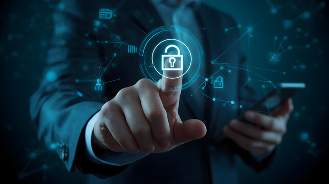 Businessman securing digital data with padlock icon on finger - Powered by Adobe