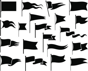 Graphic collection of diverse flag and banner silhouettes with poles