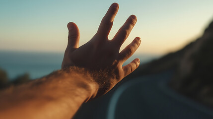 Reaching for the sky above a winding road and distant sea, sunlight casts shadows on an outstretched hand. A sense of adventure and freedom in the serene setting.