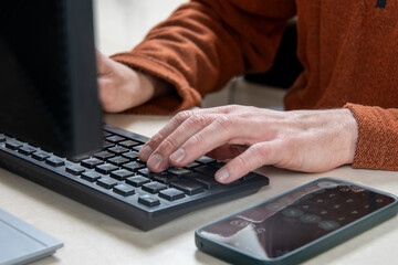 Keyboard Typing Office Work On Computer With Smartphone On Desk, Business Productivity For Remote Tasks, Data Entry, Email Replies And Daily Technology Admin