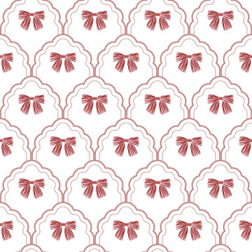 Vector coquette bow scallop pattern. Red seamless elegant ribbon pattern. Perfect for greetings, invitations, wrapping paper, textile and stationery. Vector preppy pattern