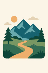 Minimal Mountain Landscape with Path and Sun, Nature Illustration