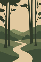 Forest Path with Tall Trees, Calm Nature Landscape Illustration