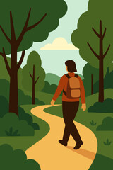 Hiker Walking Through Forest, Outdoor Adventure Illustration