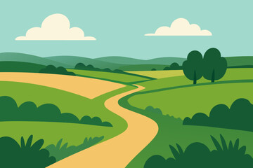 Obraz premium Green Countryside Landscape with Path, Minimal Nature Illustration