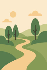 Winding Path Through Hills, Minimal Nature Landscape Illustration