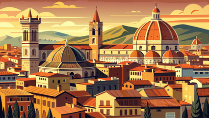 Obraz premium Very beautiful panoramic view of Florence rooftops with the iconic Duomo rising above the city, capturing Renaissance charm, warm tones, and refined architectural harmony under soft Italian daylight.