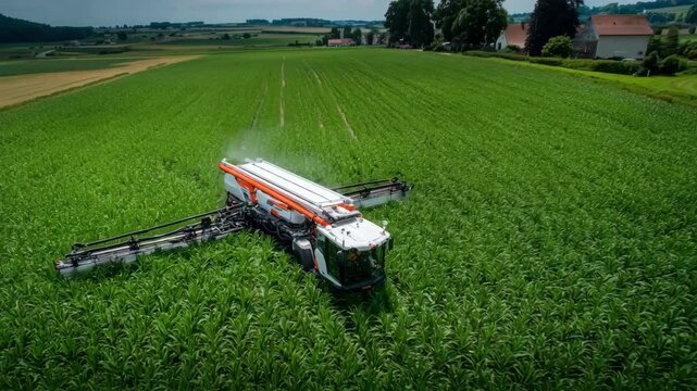 Close view of an autonomous smallscale weeding machine gliding smoothly over a farm field powered by solar panels targeting unwanted weeds to promote healthy crop growth.