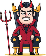 Cartoon devil businessman sitting on throne with trident smiling slyly