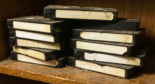Stack of Dusty Vintage VHS Tapes on Wooden Shelf