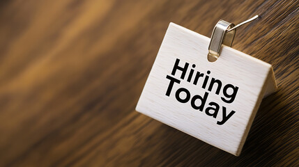 A sign on wood indicates an immediate job opportunity. The "Hiring Today" message is visible on a clip-held tag, suggesting urgent open positions in a warm, inviting setting.