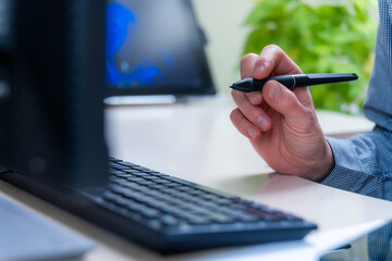 Stylus Above Keyboard On Computer Office Workflow, Productivity For Editing Design And Writing, Technology Tools For Remote Work Notes, Forms And Content Creation