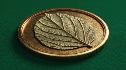 ecocoin a closeup shot features a detailed view of a gold coin on a green background the coins face bears the elegant imprint of a leaf