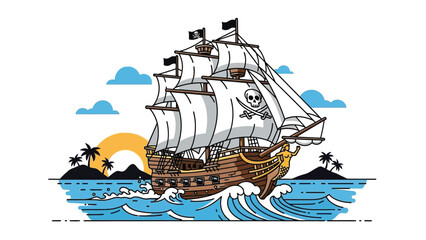Pirate ship sailing through tropical waters with skull flag
