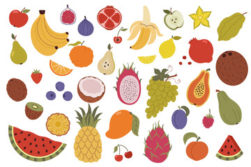 Collection of various fruits and berries. Natural tropical fruits. Papaya, banana, lemon, orange, pear, watermelon, peach, mango, strawberry. Flat vector illustration isolated on white background.